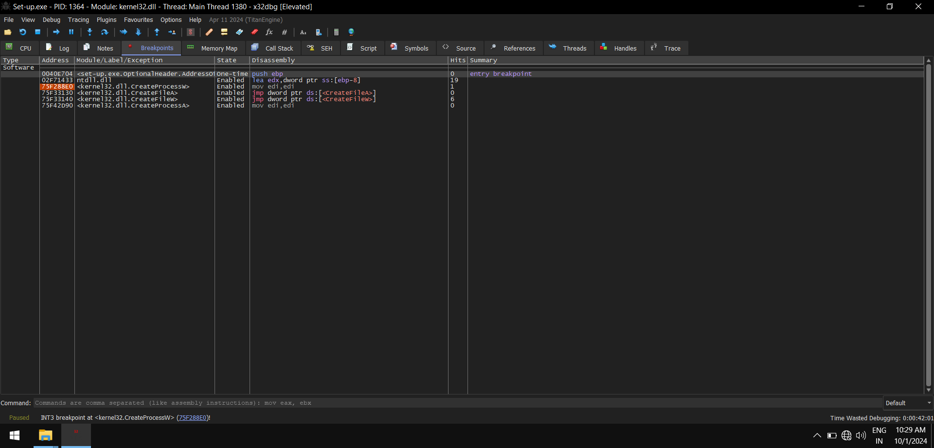 x32dbg breakpoint set-up.exe