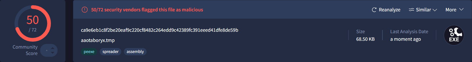 Virustotal result of aaotaboryx.tmp