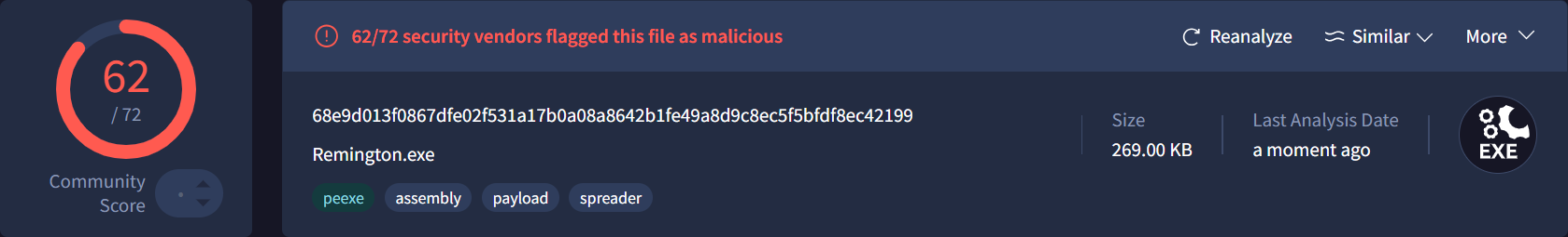 Virustotal result of array4.dump