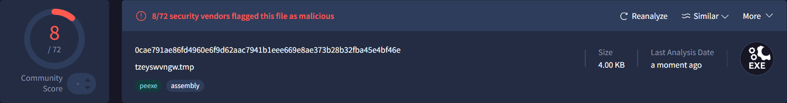 Virustotal result of tzeyswvngw.tmp